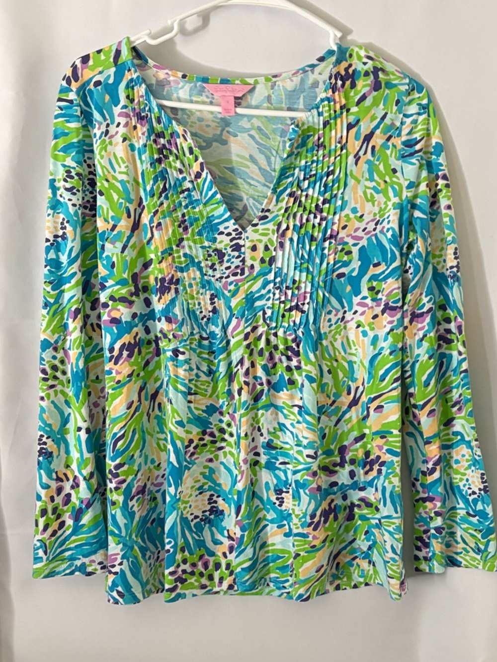 Lilly Pulitzer Blue Green Multi-Print V-Neck Pintuck Blouse